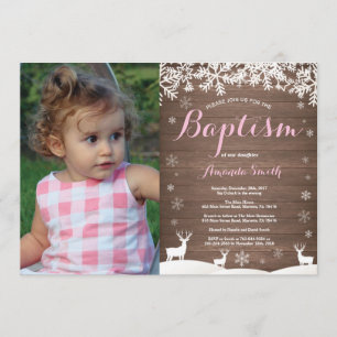 Rustic Winter Deer Baptism Girl Fotouitnodiging Kaart
