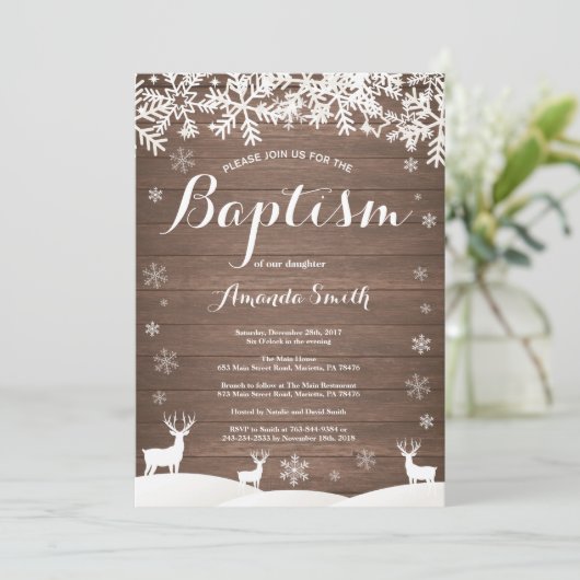 Rustic Winter Deer Doop Uitnodiging (Staand voorkant)