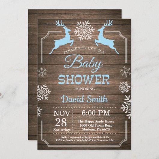 Rustic Winter Deer Snowflake Boy Baby shower Kaart (Voorkant / Achterkant)