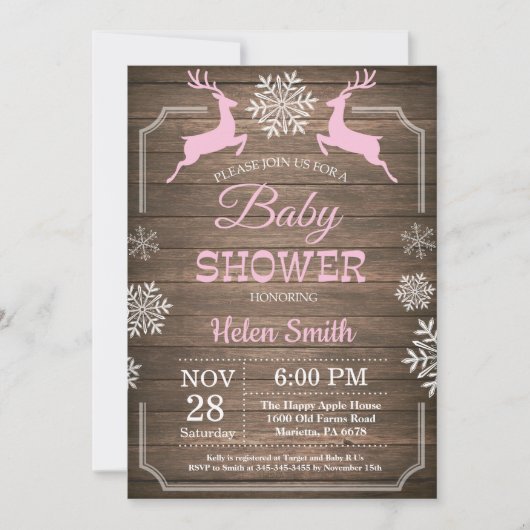 Rustic Winter Deer Snowflake Girl Baby shower Kaart (Voorkant)