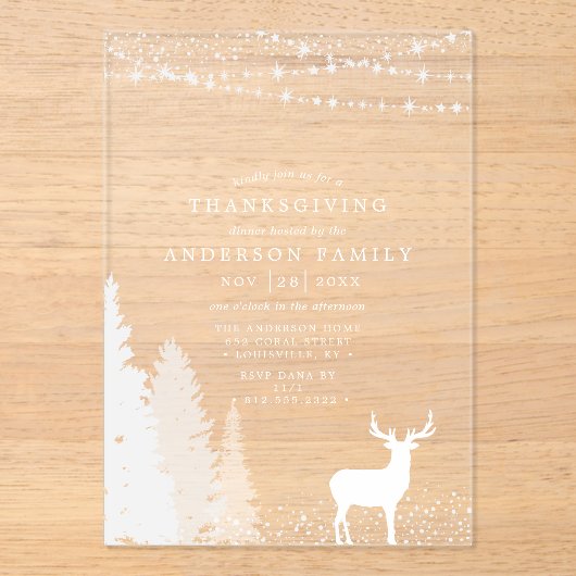 Rustic Winter Deer Woodland Thanksgiving Dinner Acryl Uitnodigingen (Voorkant)