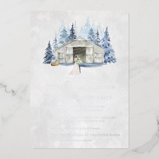 Rustic Winter Evergreen Barn Wedding Folie Uitnodiging (Voorkant)