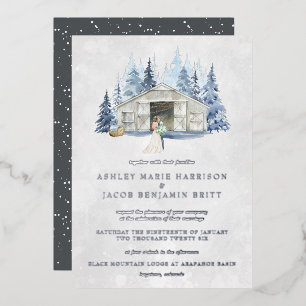 Rustic Winter Evergreen Barn Wedding Folie Uitnodiging