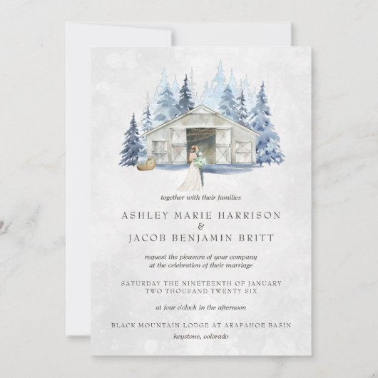 Rustic Winter Evergreen Barn Wedding Kaart (Voorkant)