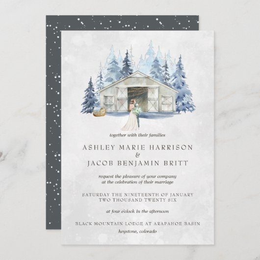 Rustic Winter Evergreen Barn Wedding Kaart (Voorkant / Achterkant)