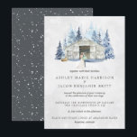 Rustic Winter Evergreen Barn Wedding Kaart<br><div class="desc">Viel je liefdesverhaal met deze roemeense en romantische trouwuitnodiging, met een waterverf schuur en een betoverend groen bos. Ideaal voor iedereen die een winterbruiloft wil plannen. Voeg uw douanetekst aan dit ontwerp toe door de "Edit this design sjabloon"vakjes op de rechterkant van het punt te gebruiken, of de blauwe "pas...</div>