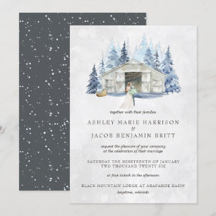 Rustic Winter Evergreen Barn Wedding Kaart
