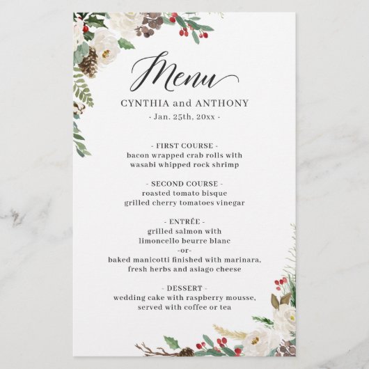 Rustic Winter Floral Berries Wedding Dinner Menu (Voorkant)