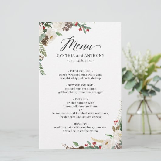 Rustic Winter Floral Berries Wedding Dinner Menu (Staand voorkant)