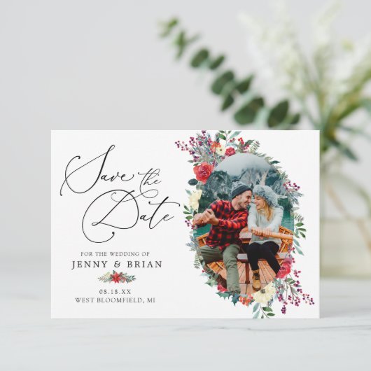 Rustic Winter Floral | De foto bewaart de Datum Save The Date (Staand voorkant)