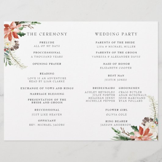 Rustic Winter Floral Folded Wedding Programme (Achterkant)