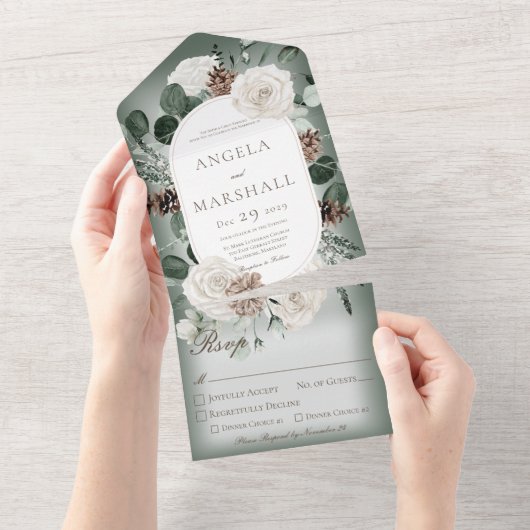 Rustic Winter Floral Green Dinner All In One Uitnodiging (Afscheurbaar)