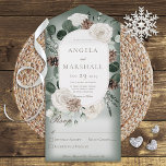 Rustic Winter Floral Green No Dinner All In One Uitnodiging<br><div class="desc">OOK BESCHIKBAAR MET EEN QR-CODE AAN SCAN. Dit eenvoudige, maar elegante ontwerp heeft een lijst winterdengroen, dennenkegels, witte rozen en eucalyptus op een zachte witte blauwe bekleding met een groene achtergrond. De voorflap bevat de bruid en de eerste initialen van de bruidegom. Dit ontwerp is beschikbaar met of zonder maaltijdopties...</div>