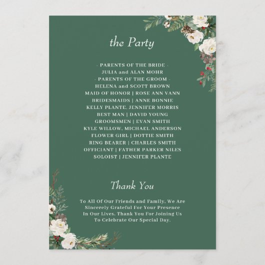 Rustic Winter Floral Holly Berries Wedding Programmakaart (Achterkant)