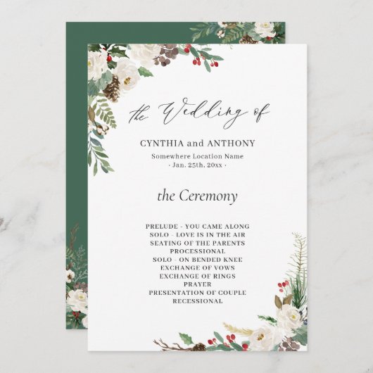 Rustic Winter Floral Holly Berries Wedding Programmakaart (Voorkant / Achterkant)