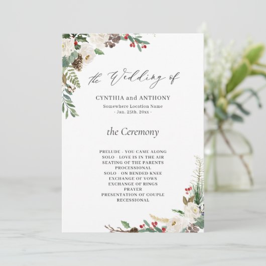 Rustic Winter Floral Holly Berries Wedding Programmakaart (Staand voorkant)
