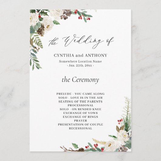 Rustic Winter Floral Holly Berries Wedding Programmakaart (Voorkant)