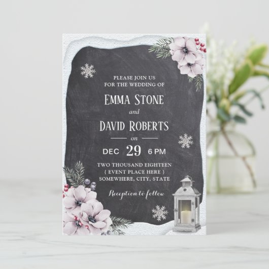 Rustic Winter Floral Lantern Chalkboard Wedding Kaart (Staand voorkant)