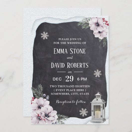 Rustic Winter Floral Lantern Chalkboard Wedding Kaart (Voorkant / Achterkant)