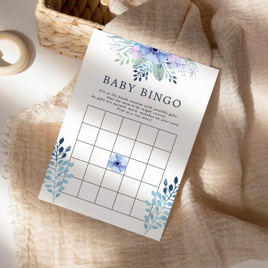 Rustic Winter Floral Navy Baby Bingo Kaart