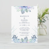Rustic Winter Floral Navy Blue Waterverf Wedding Kaart (Staand voorkant)