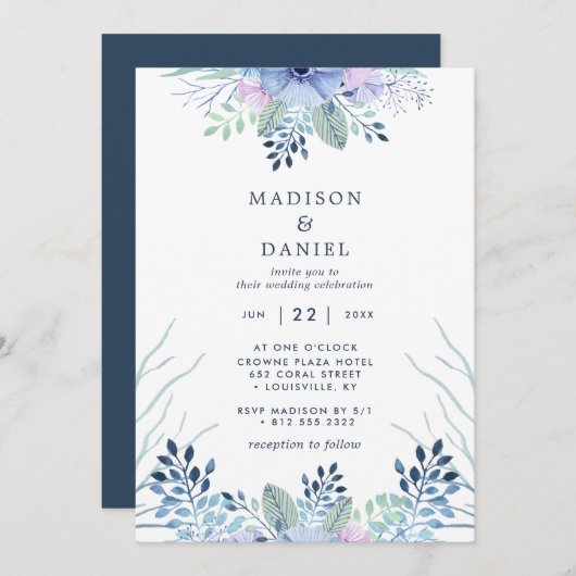 Rustic Winter Floral Navy Blue Waterverf Wedding Kaart (Voorkant / Achterkant)