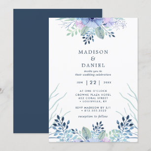 Rustic Winter Floral Navy Blue Waterverf Wedding Kaart