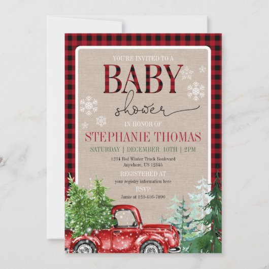Rustic Winter Forest Red Truck Baby shower Kaart (Voorkant)