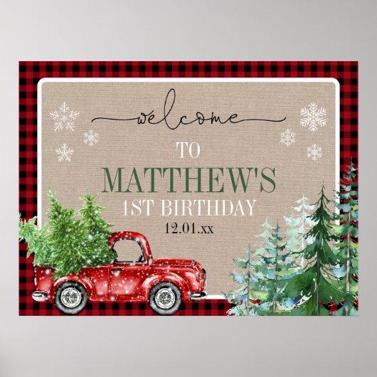 Rustic Winter Forest Red Truck Birthday Welkom Poster (Voorkant)
