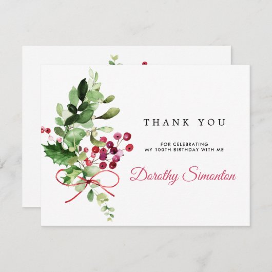 Rustic Winter Greenery 100e verjaardag Bedankkaart (Voorkant / Achterkant)