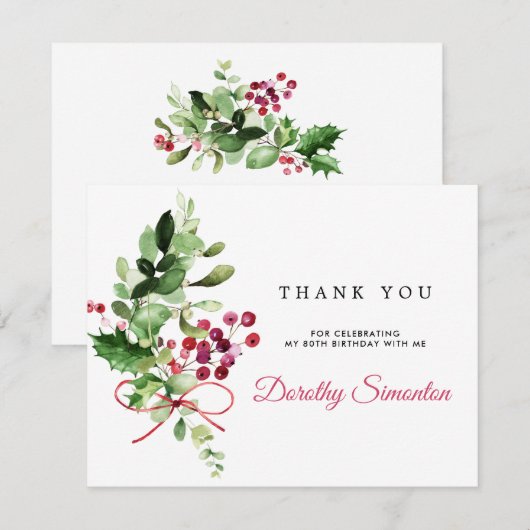 Rustic Winter Greenery 80th Birthday Bedankkaart (Voorkant / Achterkant)
