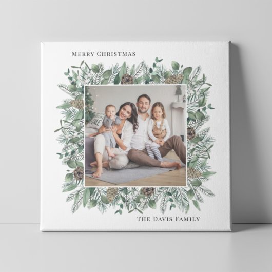 Rustic Winter Greenery Holiday Familie Foto Wreath Canvas Afdruk