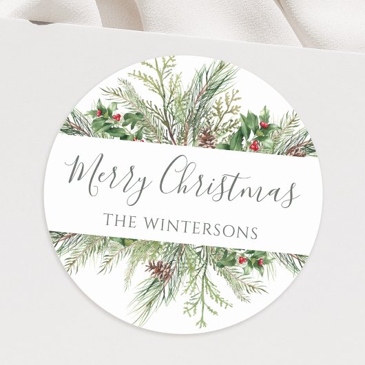 Rustic Winter Greenery Merry Kerstmis Ronde Sticker