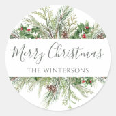 Rustic Winter Greenery Merry Kerstmis Ronde Sticker (Voorkant)
