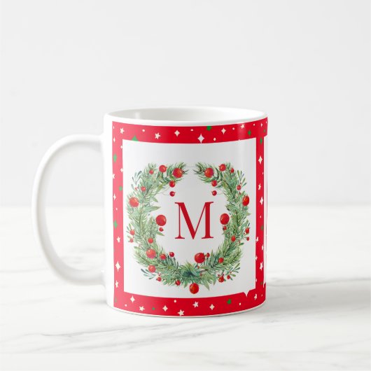 Rustic Winter Greenery Monogram Berry Wreath Koffiemok (Links)