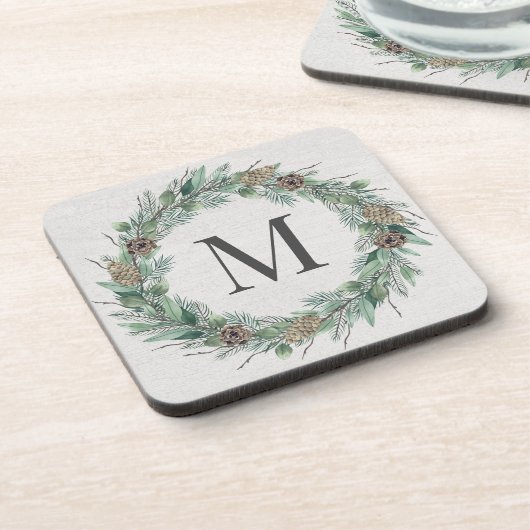 Rustic Winter Greenery Monogram Initiaal Wreath Bier Onderzetter (Linkerzijde)