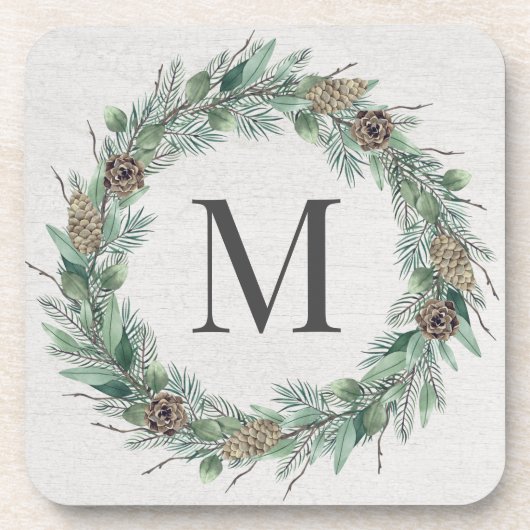 Rustic Winter Greenery Monogram Initiaal Wreath Bier Onderzetter (Voorkant)