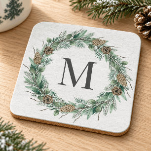 Rustic Winter Greenery Monogram Initiaal Wreath Bier Onderzetter