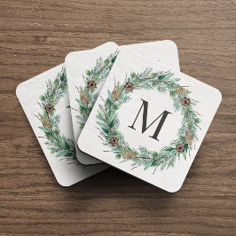 Rustic Winter Greenery Monogram Initiaal Wreath Bier Onderzetter