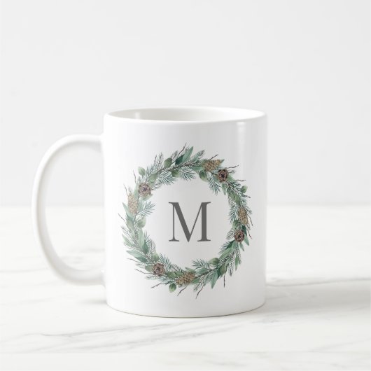 Rustic Winter Greenery Monogram Initiaal Wreath Koffiemok (Links)