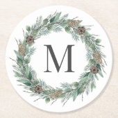 Rustic Winter Greenery Monogram Initiaal Wreath Ronde Kartonnen Onderzetter (Voorkant)
