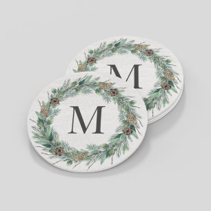 Rustic Winter Greenery Monogram Initiaal Wreath Ronde Kartonnen Onderzetter