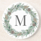 Rustic Winter Greenery Monogram Initiaal Wreath Zandsteen Onderzetter (Voorkant)