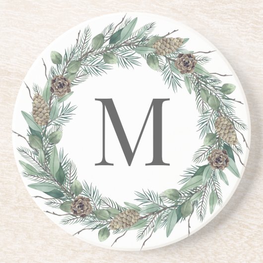 Rustic Winter Greenery Monogram Initiaal Wreath Zandsteen Onderzetter (Voorkant)
