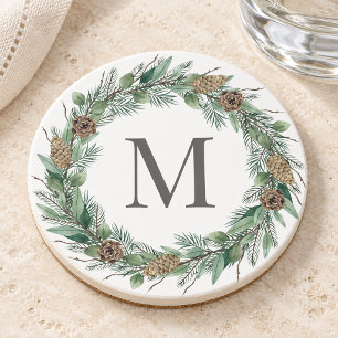 Rustic Winter Greenery Monogram Initiaal Wreath Zandsteen Onderzetter