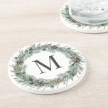 Rustic Winter Greenery Monogram Initiaal Wreath Zandsteen Onderzetter<br><div class="desc">Het ontwerp van de Elegant vakantiezandsteen voor een drankenkust is voorzien van een rustige kreet van de winterse waterverf greenery die een familie-/achternaam-monogram-initiaal vormt. Omvat een witte achtergrondkleur.</div>