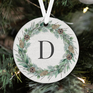 Rustic Winter Greenery Monogram Wreath White Wood Metalen Ornament