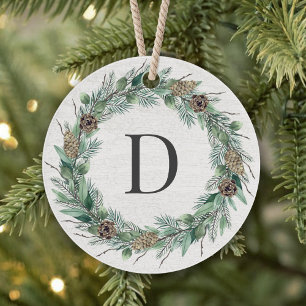 Rustic Winter Greenery Monogram Wreath White Wood Ornament