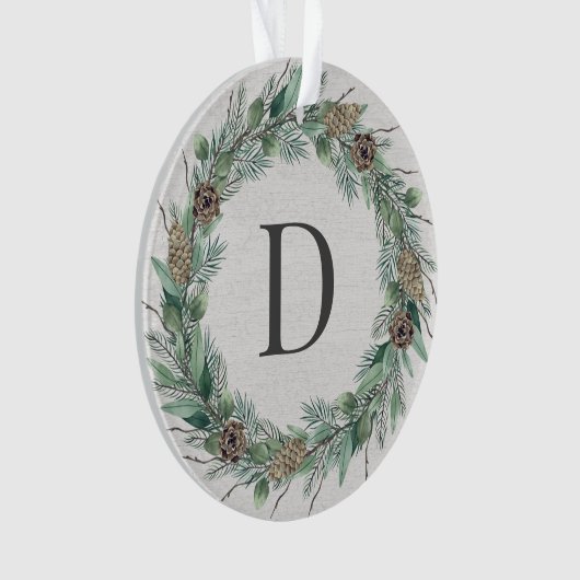 Rustic Winter Greenery Monogram Wreath White Wood Ornament (voorkant)