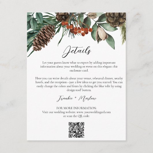Rustic Winter Greenery Wedding Details QR Website Informatiekaartje (Voorkant)